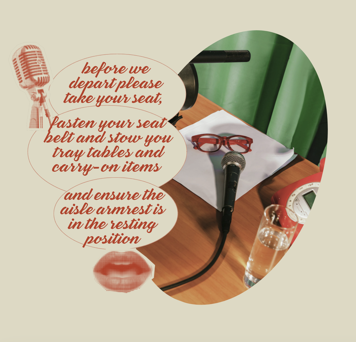 Vintage microphone, boarding script, and a round photo of a galley desk with red glasses, a microphone, and a glass of water.